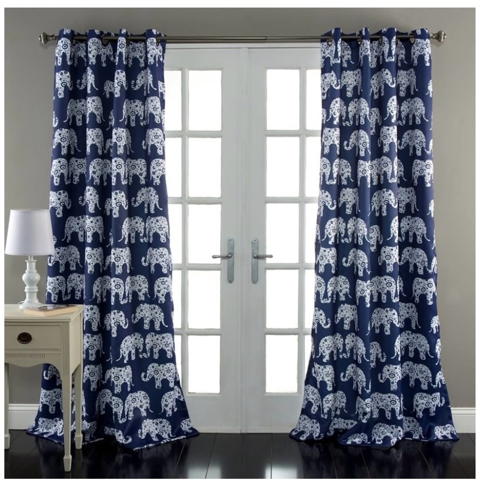 Navy Elephant Print Panel Curtains like new
